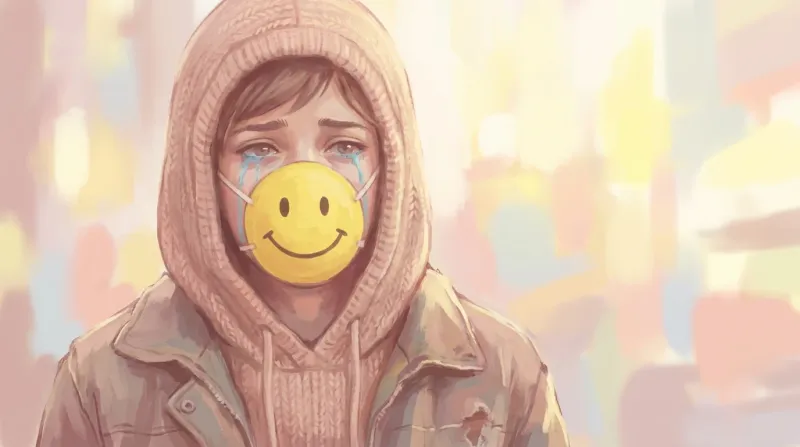 Person wearing a smiley face mask with tears visible beneath representing toxic positivity