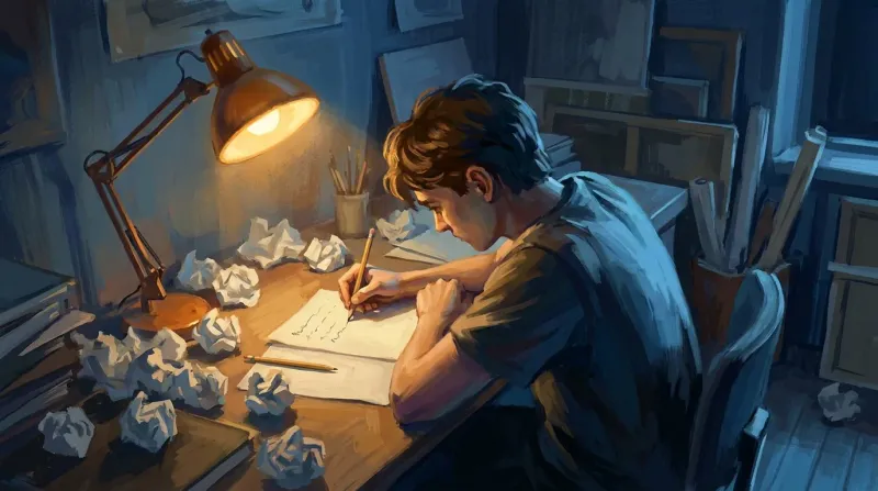 Person erasing and rewriting repeatedly under a desk lamp surrounded by crumpled papers