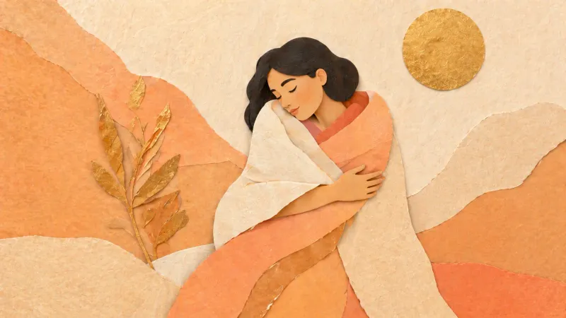 Person gently hugging themselves by a window in warm morning light in a tender self-care moment