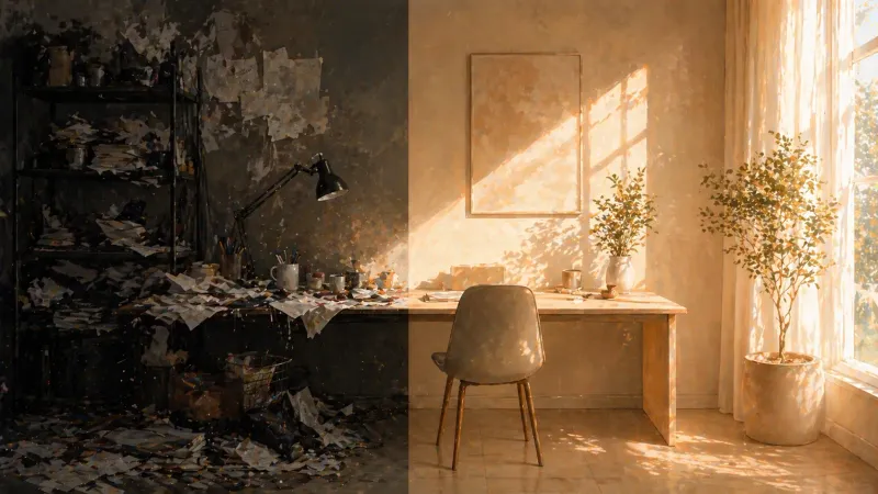 Split room with one messy dark side and one tidy bright side showing the effect of environment