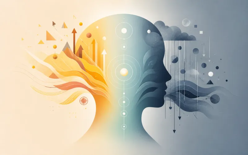 stylized human head split between bright sunrise and dark storm with a figure at the dividing line