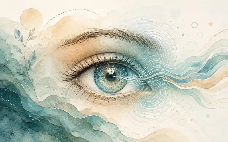 stylized eye figure with gentle wave-like ray flowing through it