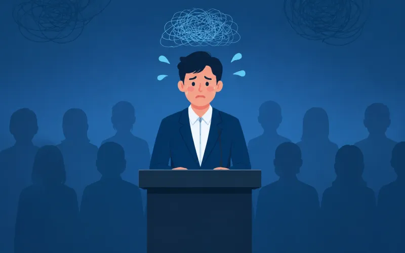 Person standing behind a podium taking a deep breath before speaking to a blurred audience