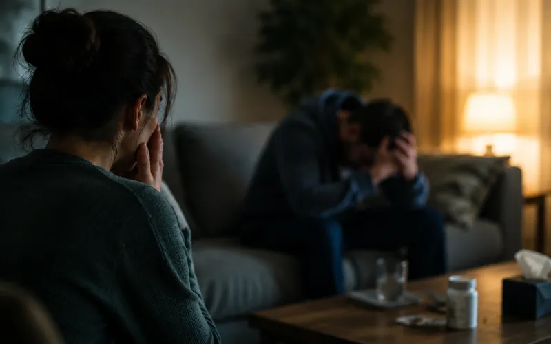Two people sitting together on a sofa one person is worried about the other person that appears to be an addict