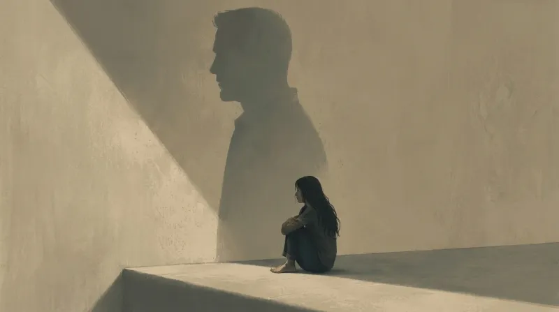young girl sitting alone and beside her is the shadow of her father