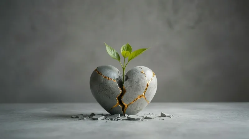 Broken heart-shaped stone repaired with gold seams, sprouting a green shoot of new growth.