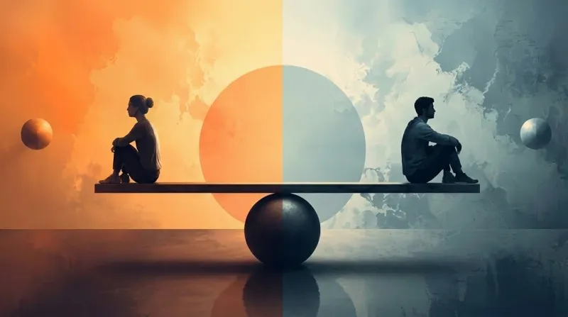 Two figures sit apart on a balanced beam, split by warm and cool tones, symbolizing tension.