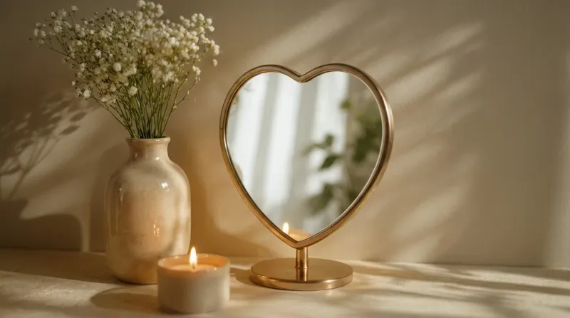 Heart-shaped mirror beside a candle and flowers, glowing softly in warm light.