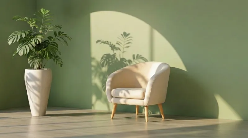 Minimal cozy chair by green wall with plant shadows, calm therapy space at home