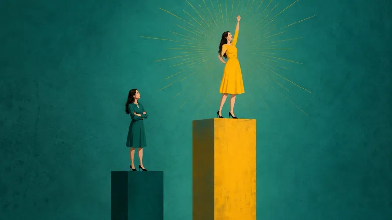 Two women on podiums, one higher and glowing, symbolizing success and comparison