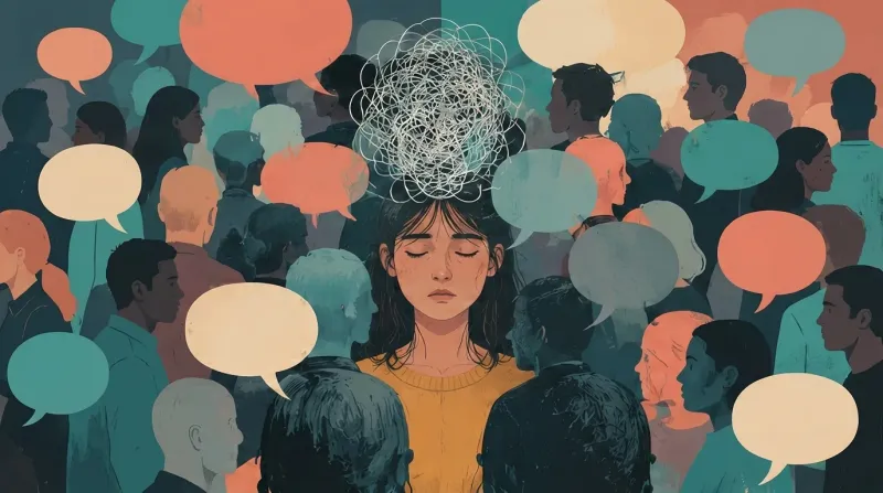 Overwhelmed person surrounded by chatter, with tangled thoughts symbolizing social exhaustion.