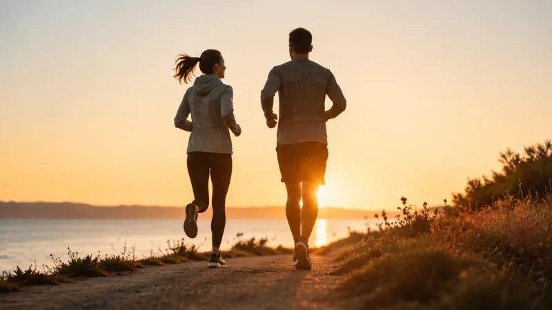 a couple jogging together at sunset along a coastal path.