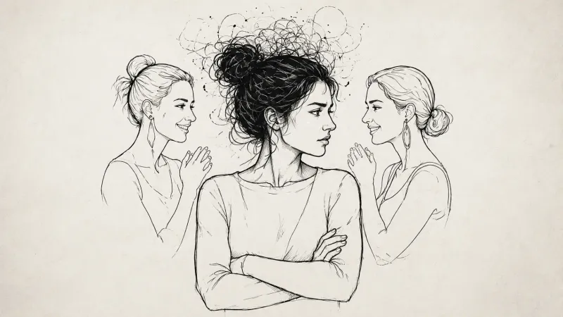 Jealous woman with crossed arms as two others whisper behind her, ink sketch style