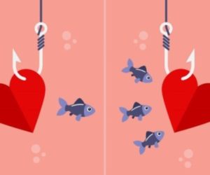 Two fishing hooks hold red hearts while small fish swim between them