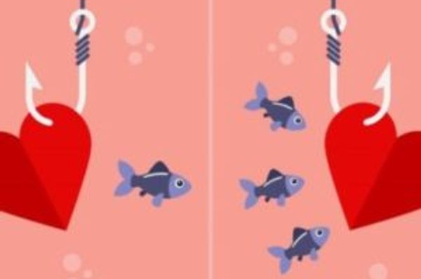 Two fishing hooks hold red hearts while small fish swim between them