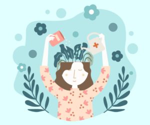 Stylized person watering leafy plants growing from an open head