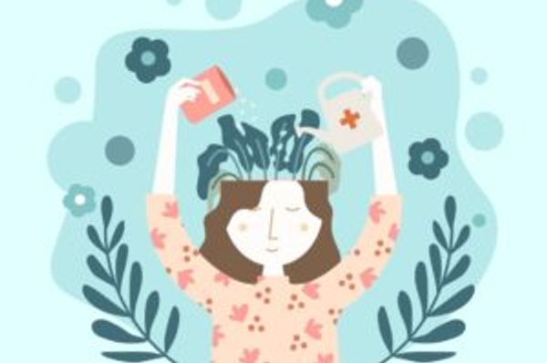 Stylized person watering leafy plants growing from an open head