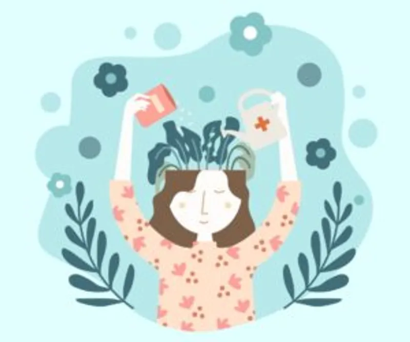 Stylized person watering leafy plants growing from an open head