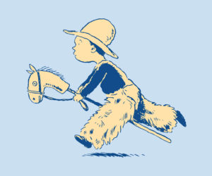 Child in a wide-brimmed hat riding a stick horse in a vintage drawing