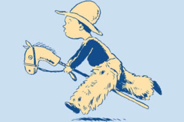 Child in a wide-brimmed hat riding a stick horse in a vintage drawing