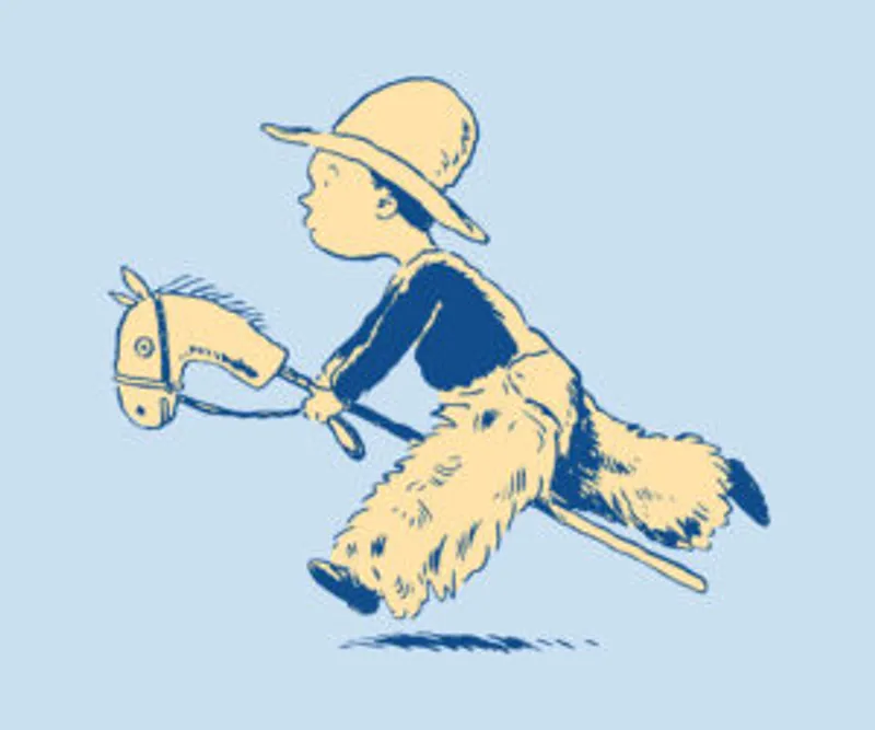Child in a wide-brimmed hat riding a stick horse in a vintage drawing