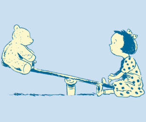 A child sits on one end of a seesaw opposite a teddy bear