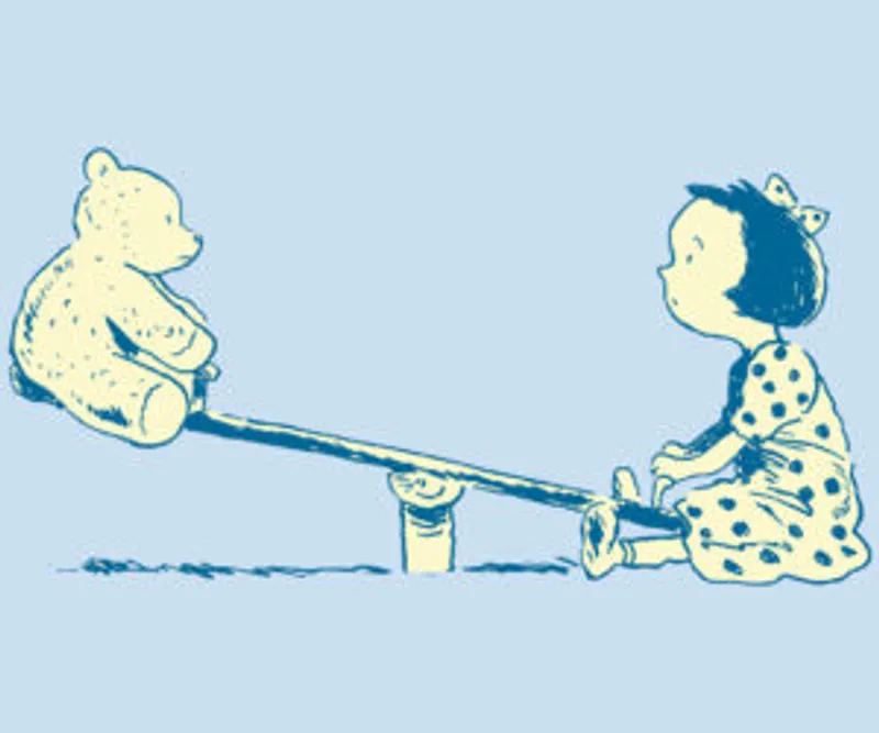 A child sits on one end of a seesaw opposite a teddy bear