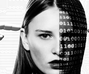 Close-up face split between a portrait and an overlay of binary digits