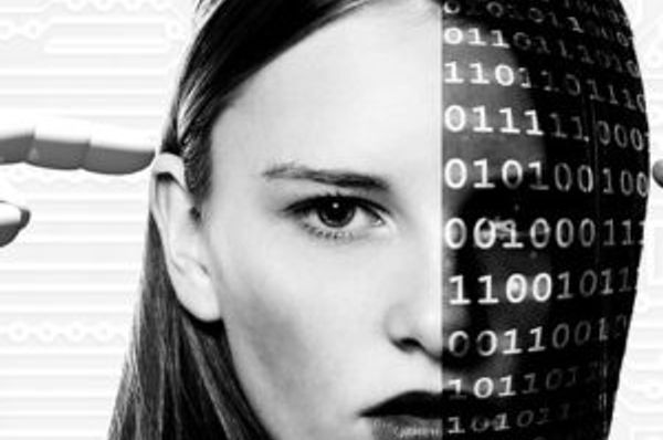 Close-up face split between a portrait and an overlay of binary digits