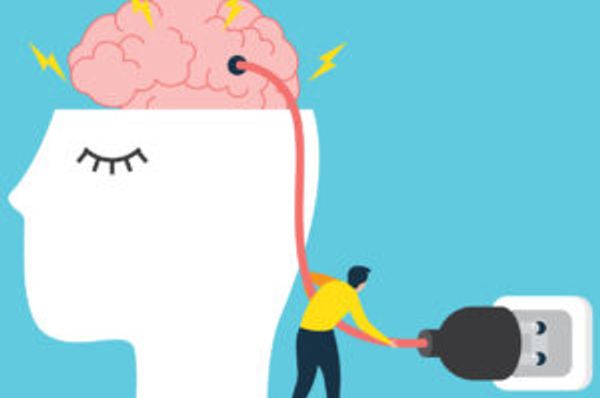 Small figure pulls a cable linking an exposed brain to a wall plug