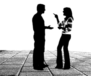Two silhouetted people face each other and gesture on a tiled surface