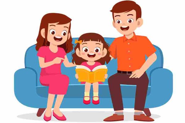 Three cartoon figures sit on a blue sofa as the smaller figure holds an open book