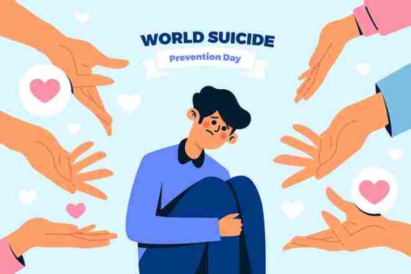Seated person surrounded by reaching hands beneath a suicide prevention message