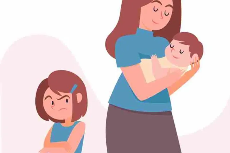 Adult cradling a baby while a child stands nearby with crossed arms