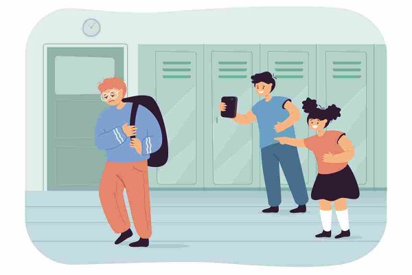 Backpack-wearing child walks past lockers as two children gesture and hold up a phone