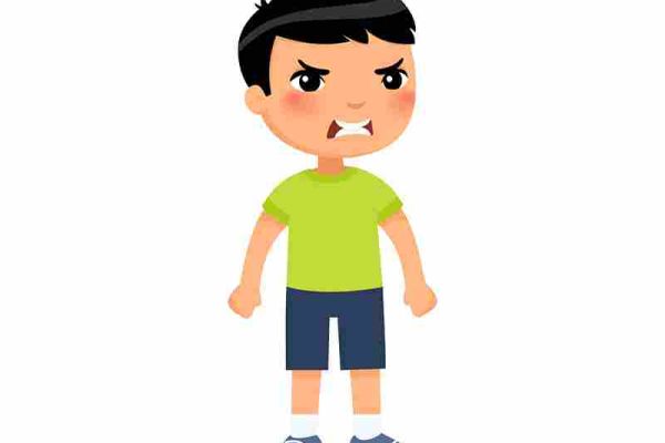 Cartoon child stands with clenched fists and a scowling face