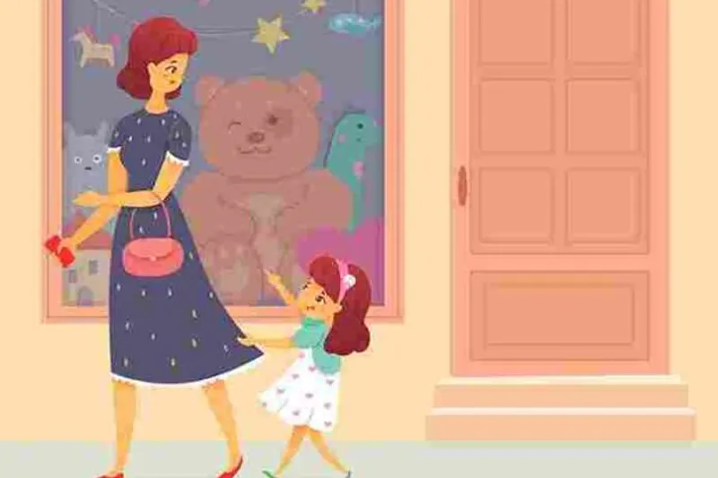 Drawn adult and child walk beside a building, with the child reaching up