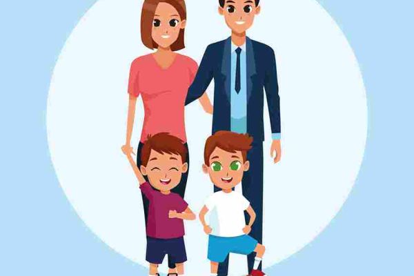 Cartoon of two adults standing behind two smiling children