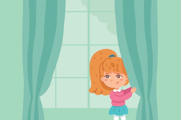 Cartoon child pulling back a curtain beside a large window