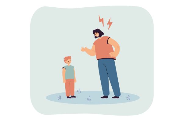 Adult gestures toward a child as lightning-bolt symbols appear overhead