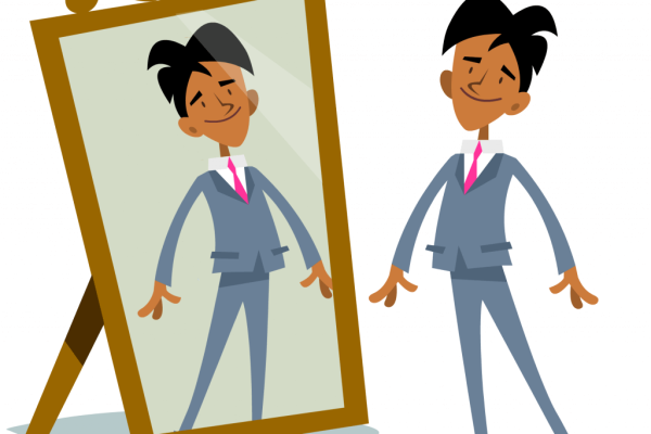 Cartoon person stands beside their reflection in a full-length mirror