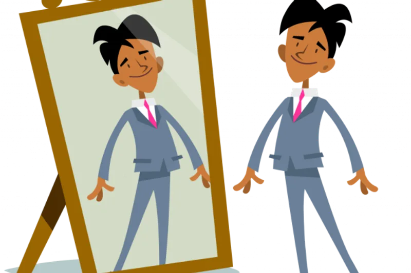 Cartoon person stands beside their reflection in a full-length mirror