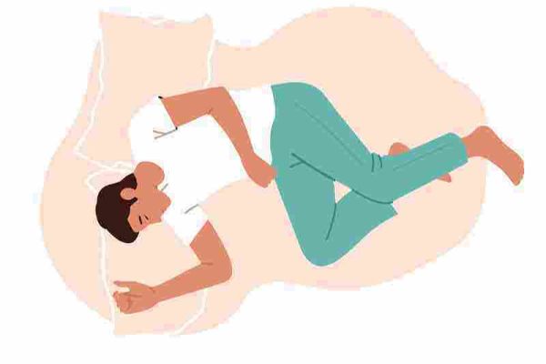 Stylized person curled on their side with their head on a pillow