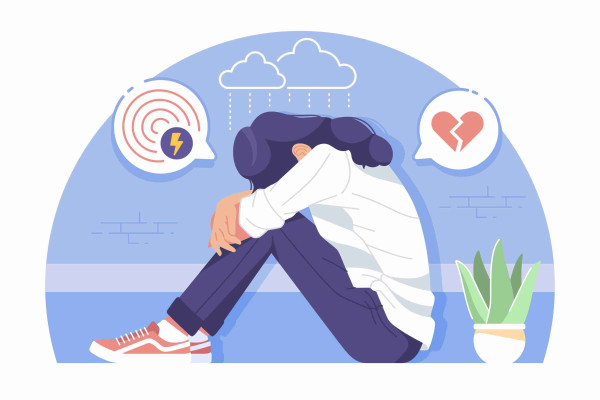 Seated figure hugging their knees beneath a storm cloud and broken-heart symbol
