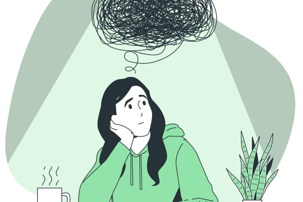 Drawing of a person resting their head on one hand beneath a tangled scribble