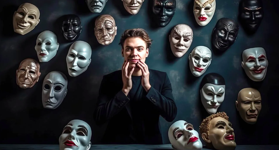 Person standing with hands near their face, surrounded by theatrical masks