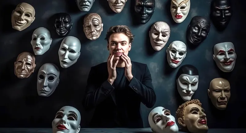 Person standing with hands near their face, surrounded by theatrical masks