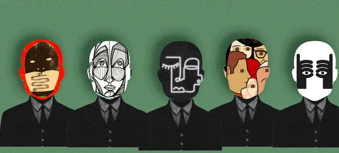 Five suited figures with different abstract mask-like faces