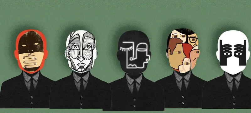 Five suited figures with different abstract mask-like faces