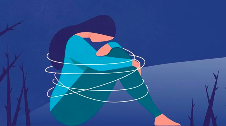 Drawn figure sits curled up while looping lines encircle the body